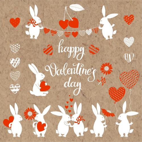 Balloon. Vector cute rabbits hearts balloons and garland inscription happy valentines day on craft