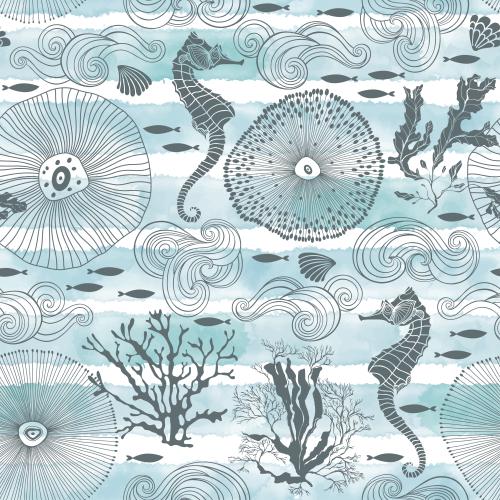 Vector image abstract marine creatures, sea horses, fish, shells, corals, algae, decorative waves on watercolor