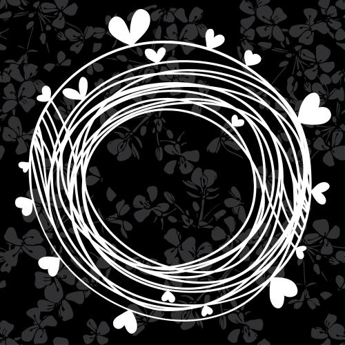 Valentine. Vector white round frame with hearts on black floral