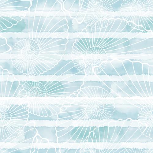 Shell. Vector Pattern white shell outlines on blue watercolor striped