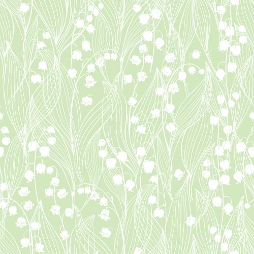 Lily-of-the-valley. Vector lilacs white silhouettes of flowers and outlines of leaves on green