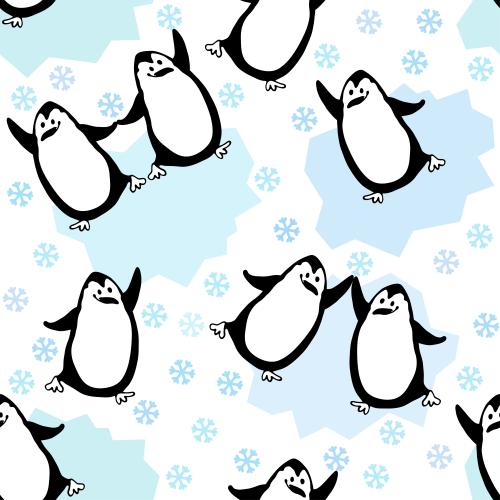 Snowflake. Vector cute cartoon penguins slide on ice floes