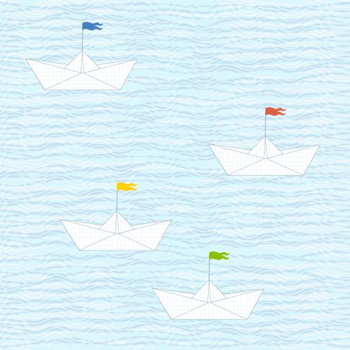 Summer. Vector paper boats with colorful flags on blue waves