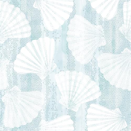 Scallop. Vector sea combs on blue watercolor mosaic