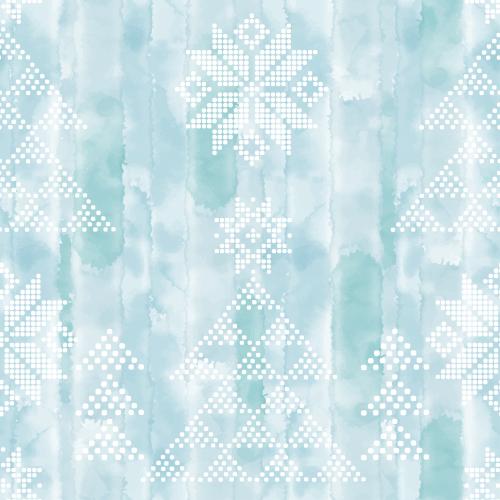 Vector image white star-snowflakes and treelets from dots on blue watercolor