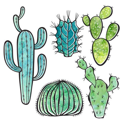 Raster image cacti with watercolor fragments on white