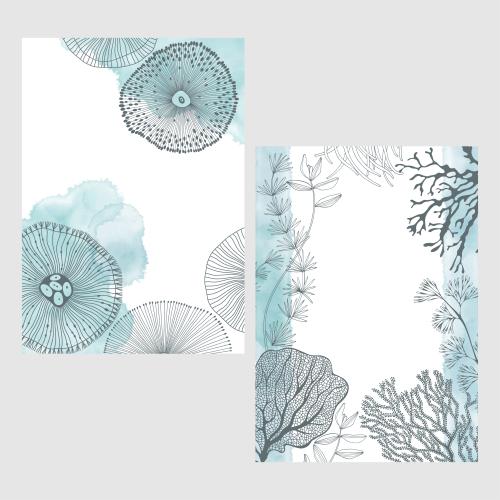 Illustration two postcards on a marine theme with watercolor fragments, marine creatures, corals, seaweeds, and a place for text