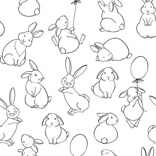 Rabbit. Vector Pattern cute cartoon rabbits, outline on white