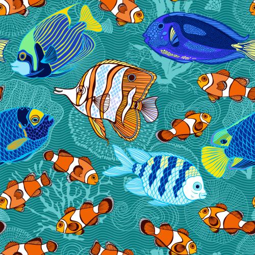 Vector image underwater world, tropical fish, corals, waves on blue-green