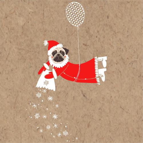 Balloon. Vector cute poodle in santa claus costume flies on a balloon and scatters snowflakes