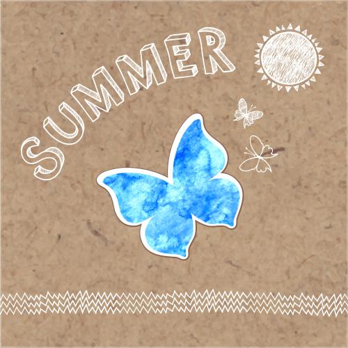 Grass. Vector watercolor and contour butterflies sun grass inscription summer on craft