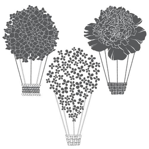 Balloon. Vector flower balloons, hydrangea, lilac, peony, black silhouettes on white