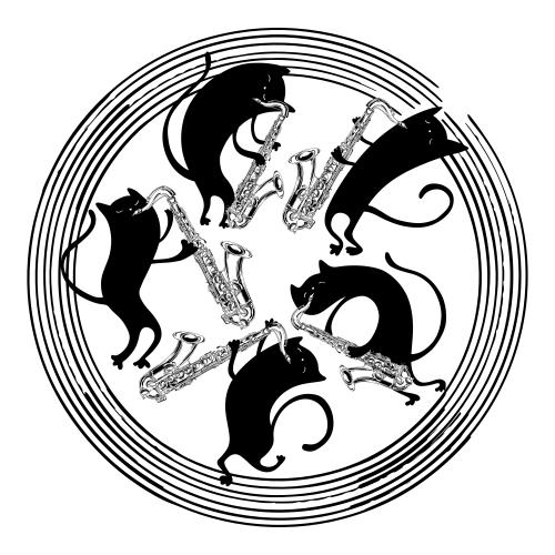 Vector image cartoonish black cats with saxophones in a circle on white