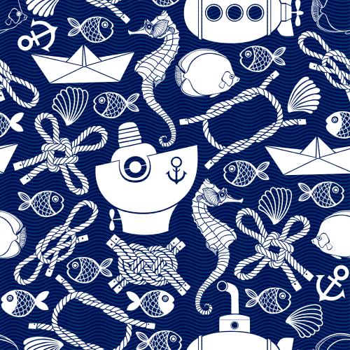 Stripe. Vector white cartoonish silhouettes and contours on nautical theme on blue waves