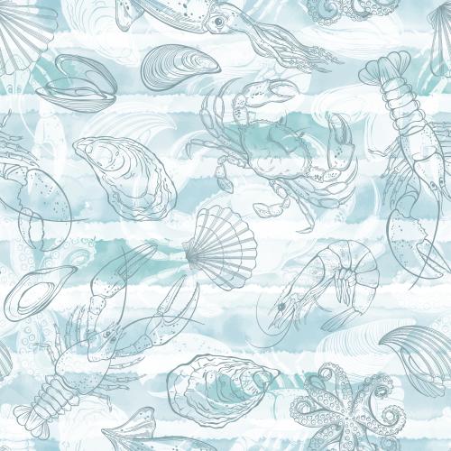 Scallop. Vector lobster crab crayfish shrimp mussels oysters scallops octopus clam contours and silhouettes on a blue watercolor striped
