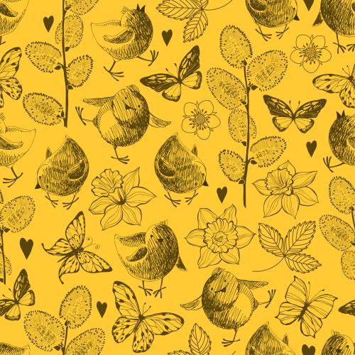 Vector image cute chicks butterflies willow branches daffodils hearts on yellow