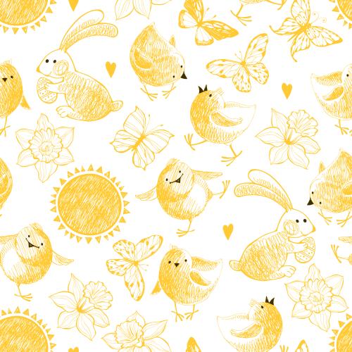 Floral. Vector cute chicks, butterflies, bunnies with easter eggs, daffodils, sun, hearts on white