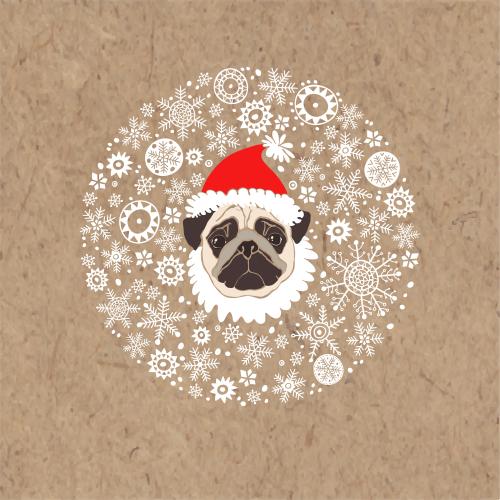 Vector image cute pug face in a christmas hat in a circle of snowflakes on craft