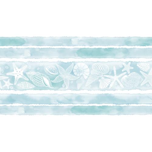 Vector image seamless marine theme border with shells, sea stars, nautilus, blue watercolor stripes