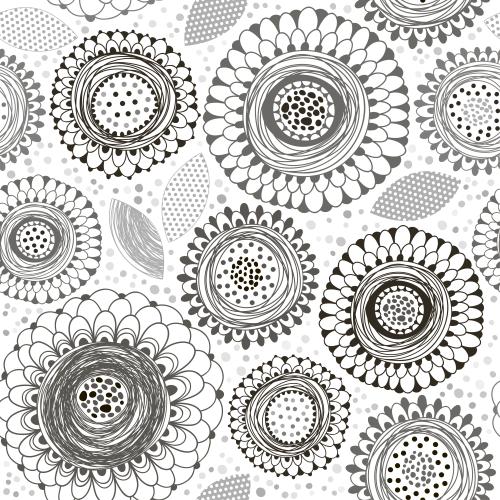 Vector image monochrome doodle flowers leaves on white in checkered
