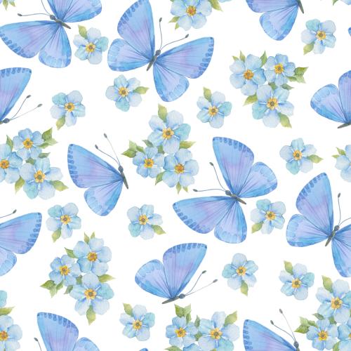 Forget-me-not. Vector blue watercolor butterflies and forget-me-nots on white