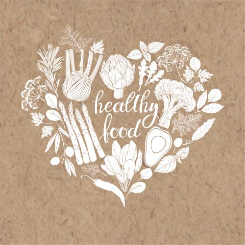 Basil. Vector vegetables culinary herbs healthy food label composition in the shape of a heart on craft