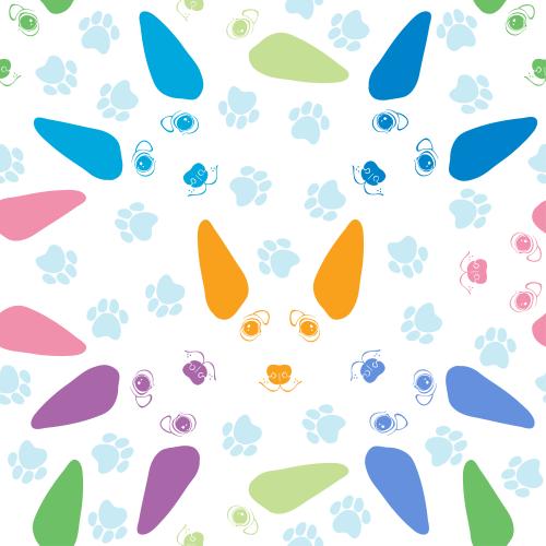 Pinscher. Vector multicolored dog faces, paw prints on white