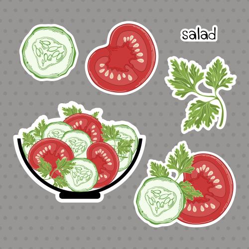 Parsley. Vector tomatoes cucumbers parsley leaves salad and ingredients on a checkered gray