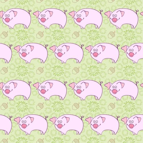 Summer. Vector cartoonish pink piglets and acorns on grass