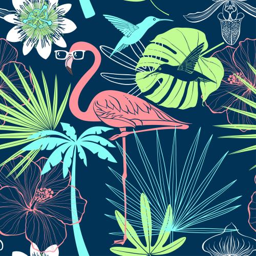 Vector image flamingo in sunglasses, hummingbird, palm tree, orchids, hibiscus, hibiscus, palm leaves on blue