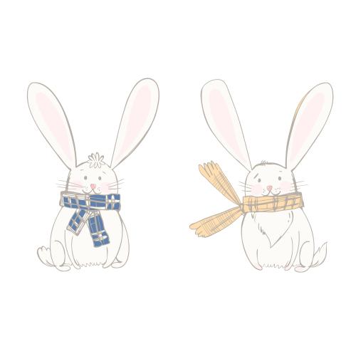 Rabbit. Vector two cartoonish bunnies in little scarves on white