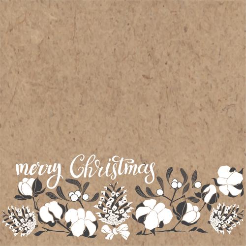 Cotton. Vector decorative band with pine cones, cotton, mistletoe, and the message merry christmas on craft