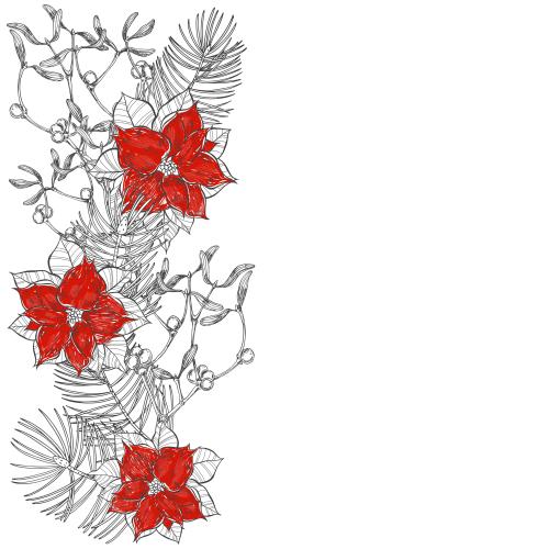 Illustration coniferous branches mistletoe and poinsettia flowers space for text on white