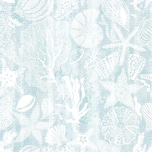 Scallop. Vector sea stars shells nautilus sea urchin corals on blue watercolor mosaic