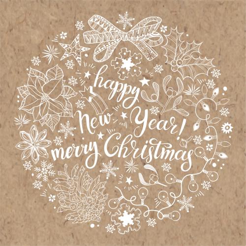 Snowflake. Vector winter holiday symbols in a circle, text "happy new year", merry christmas on craft