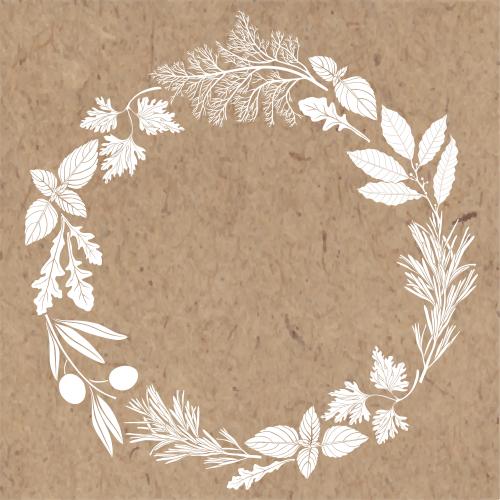 Grass. Vector round frame of white silhouettes of culinary herbs olive branch on craft