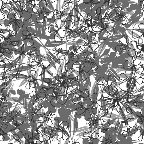 Vector image monochrome silhouettes and contours of abstract flowers and leaves on white
