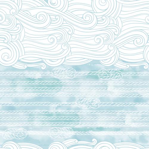 Vector image decorative waves, ropes, naval knots on a blue watercolor