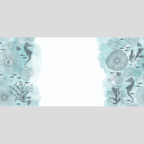 Illustration sea horses fish shells sea creatures seaweed corals decorative waves blue watercolor fragments text area on white