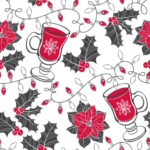 Anise. Vector glasses with mulled wine, garlands, hellebore and poinsettia on white