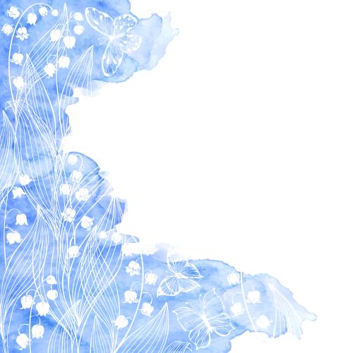 Lily-of-the-valley. Vector lilies, butterflies, blue watercolor fragment, space for text on white