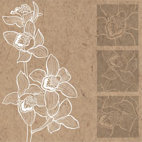 Illustration white branch of a blooming orchid and three brown squares with flower fragments on craft