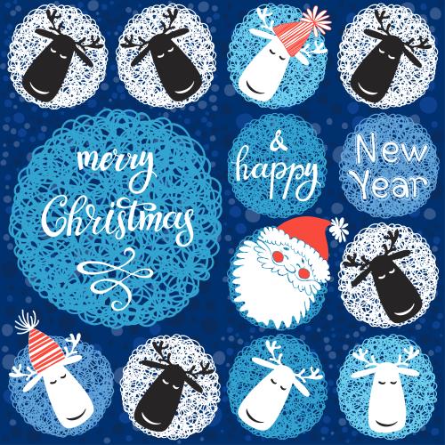 Deer. Vector cartoon deer father frost thematic texts in circles on checkered blue