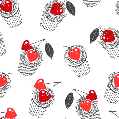 Dessert. Vector muffins with stylized cherry hearts on white