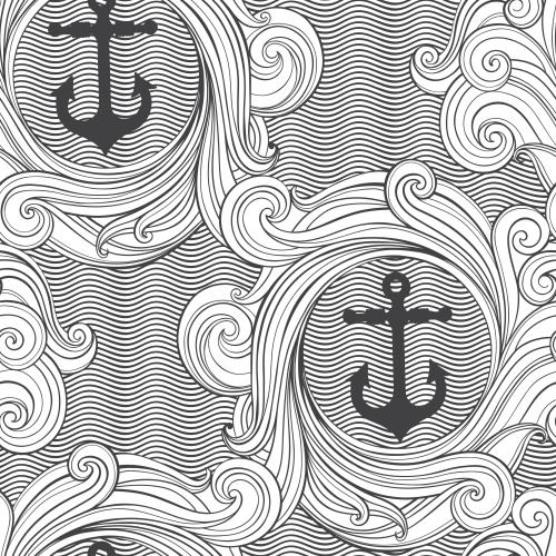 Anchor. Vector decorative waves, anchors on white wavy