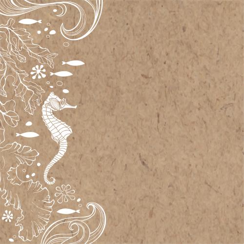 Seaweed. Vector underwater world seahorse fish seaweed corals waves text area on craft