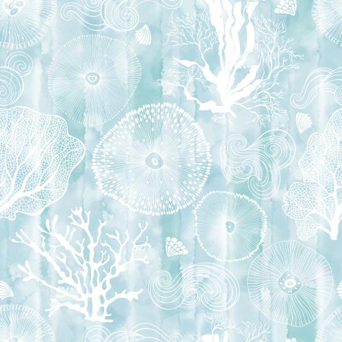 Underwater plant. Vector Pattern abstract marine creatures corals algae shells and decorative waves on a blue watercolor