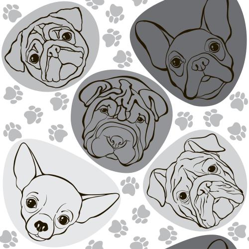 Animals. Vector monochrome cute dog faces of various breeds dog prints on white