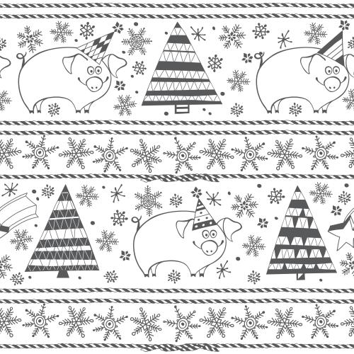 Pig. Vector cartoon pigs in festive hats, trees, snowflakes, festive ribbons on white