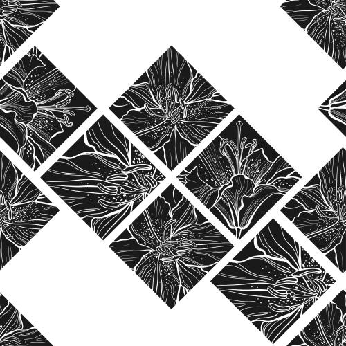 Lily. Vector fragments of lilies in black squares on white